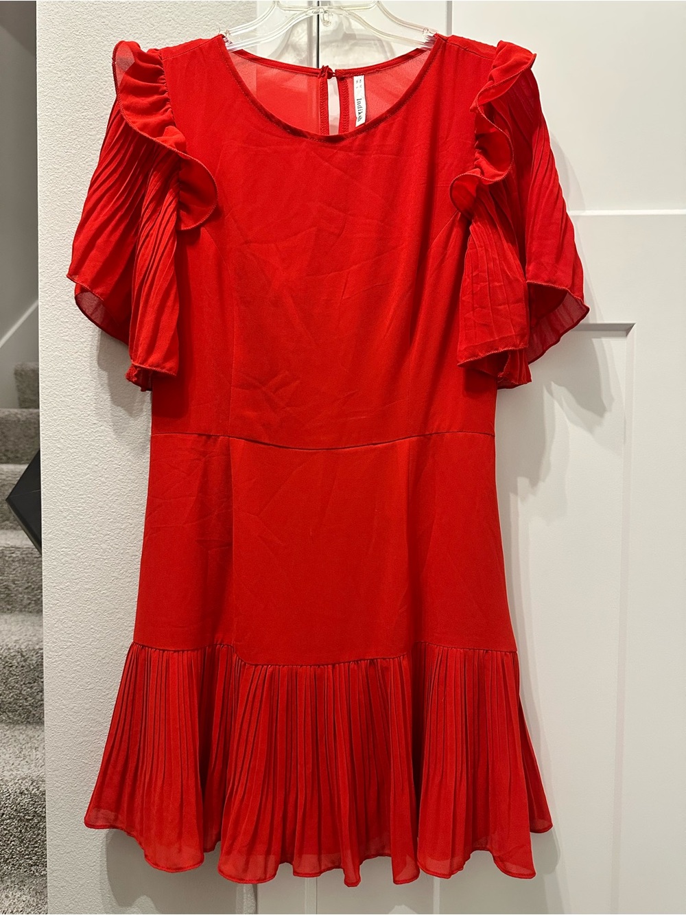 Indikah Red Ruffle 100% Silk Crepe Chiffon Sleeve and Hem Mini Dress size L